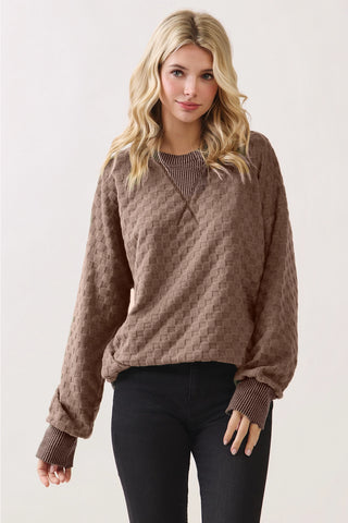 Mocha Soft Textured Checker Knit Pullover Sweatshirt