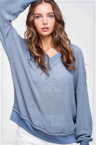 Denim Loose Fit V-Neck Waffle Textured Long Sleeve Top