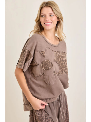 Mineral Washed Leopard Cheetah Daisy Patched Top
