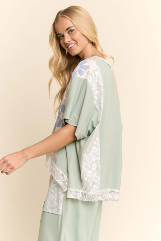 Sage Floral Patchwork Detail Short Sleeve Top