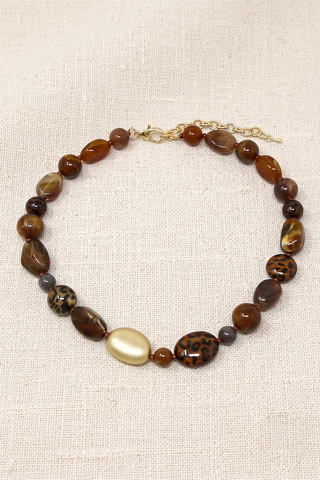 Leopard Print / Marble Resin & Matte Gold Pebble Necklace: Brown