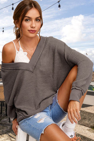 Charcoal Loose Fit V-Neck Waffle Textured Long Sleeve Top