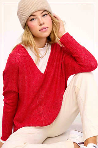 Red Soft Lightweight Loose Fit Textured Pullover Sweater