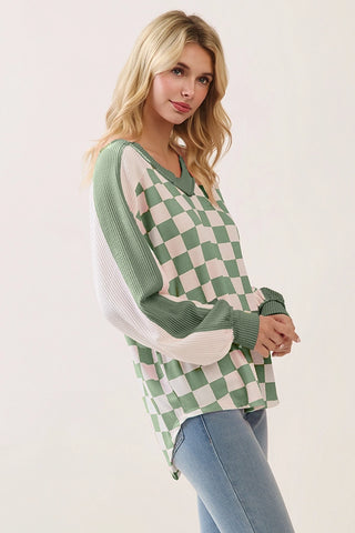 Sage Checkered Print V Neck Pullover