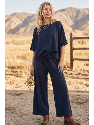 Navy Brushed Stretch Boxy Top & Wide Leg Pant Set