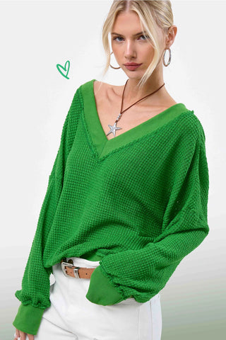 Green Loose Fit V-Neck Waffle Textured Long Sleeve Top