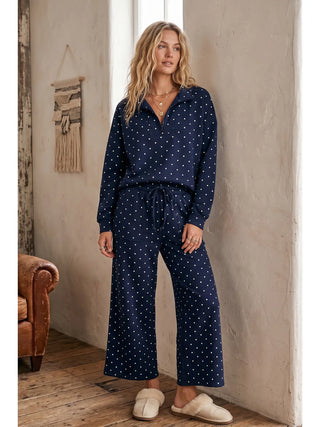 Navy Polka Dot Half Zip Pullover & Wide Leg Pants Set