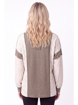 Mocha Lace Contrast Color Block Long Sleeve Top
