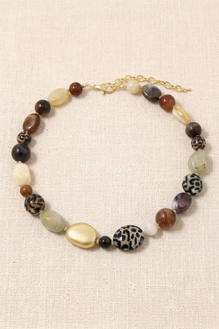 Leopard Print / Marble Resin & Matte Gold Pebble Necklace: Natural