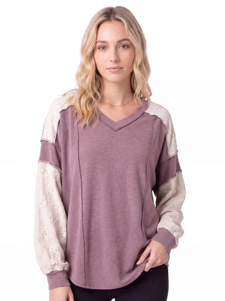 Mulberry Lace Contrast Color Block Long Sleeve Top