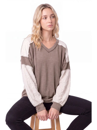 Mocha Lace Contrast Color Block Long Sleeve Top