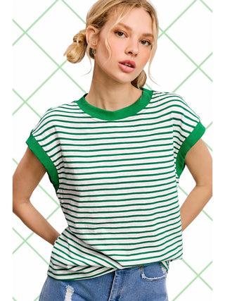 Green Stripe Cap Sleeve Top