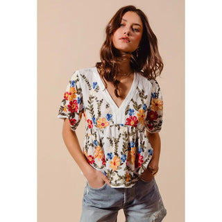 Floral Embroidered Baby Doll Blouse Top