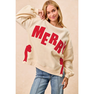 Cream Merry Side Bow Patches Christmas Fleece Sweatshirt